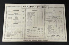 Canadian Pacific Cocktails  Wines Beer Cigar Cigarette Bestall  Price List 1926
