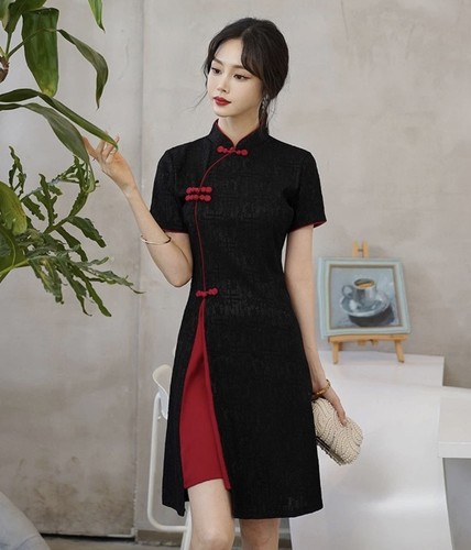 Elegant black jacquard qipao - jacquard,