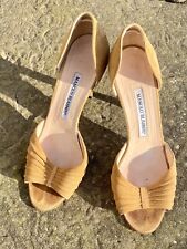 Manolo Blahnik Size 4 Good Condt. Kitten Heel Peep Toe Tan Suede Sandals?