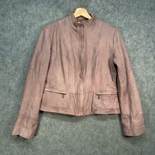 Next Leather Jacket Womens Size UK 12 Purple Mauve Cropped Mandarin Collar Zip