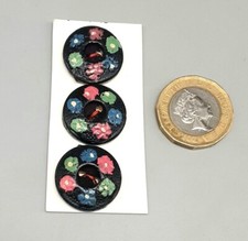 3 Vintage Painted Floral Black Wooden Round Buttons -  2cm -Crafts Sewing