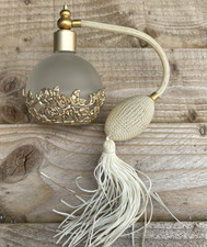 Vintage perfume bottle atomiser with tasselled puff frosted glass & gold roses