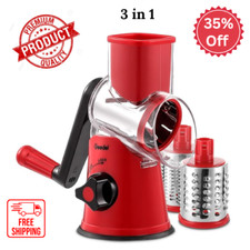 Geedel Rotary Cheese Grater 3-in-1 | Vegetable Slicer with 3 Drum Blades -Red