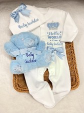 Newborn baby Boy coming Home Outfit sleepsuit Hat Teddy Bear Blue  personalised
