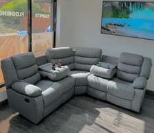 Milano Fabric Grey Corner Sofa ( End Manual Recliners + Cupholders)