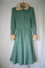 Vintage Collectif turquoise long swing coat fur collar & cuffs size 6 XS revival