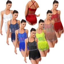 UK Women Rhinestone Fringe Dance Leotard Rumba Samba Latin Bodysuit Costume  