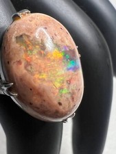 Mexican Fire Opal Matrix Ring Rainbow SparKles Old Silver Size 6.25 (R11028)