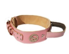 Heavy Duty Baby Pink Leather Dog Collar with Rottweiler Head Motif and Handle
