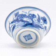 Chinese Porcelain Cup Blue White Peony Rock Garden Qing Kangxi Mark Period 18thC