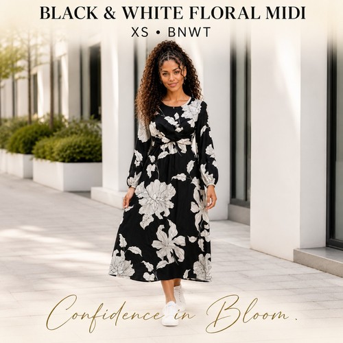 Black white floral midi dress - floral,