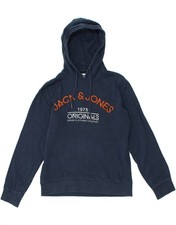 JACK & JONES Mens Graphic Hoodie Jumper Medium Navy Blue Cotton AQ16