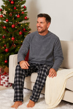 Mens WARM FLANNEL Set Pyjamas Thermal Crew neck CHECK Long Sleeve Nightwear PJS