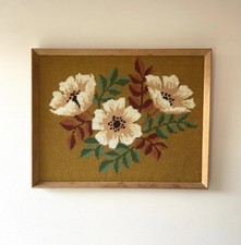 Vintage Original Framed Floral needlepoint Tapestry, Ochre Flowers Wall Hanging