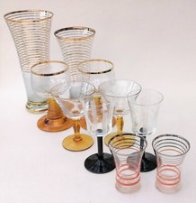 Job Lot Vintage Drinking Glasses x 10 Various Sizes Decorated Gold Coloured