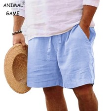 Mens Cotton Linen Shorts Summer Beach Hawaiian Drawstring Waist Short Pants