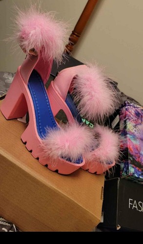 Pink fluffy platform heels - pink,