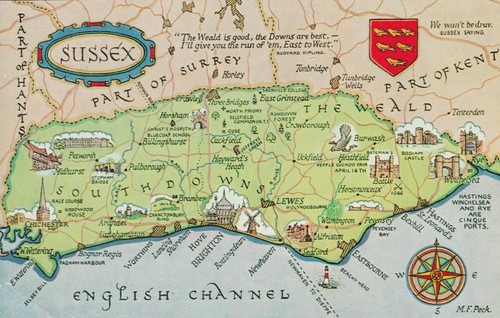 Vintage sussex map postcard - sussex,