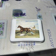 A. Raynaud Limoges trinket box , "Archibald" horse & sulky cart, equestrian
