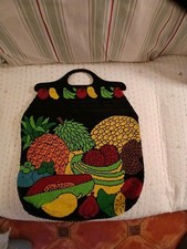 Vintage 70s BEADED Bag  , Large SHOPPER / TOTE ,  FRUIT Design - BOHO * HIPPY