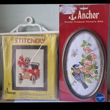 Vtg Cross Stitch Tapestry Frame Kit Bundle Anchor Bird & Stitchery Car