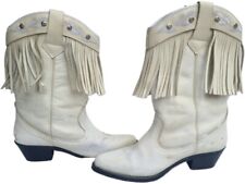 Fringe Leather Western Boots 6 White Cowboy Cowgirl Vintage Line Dancing Boho