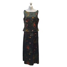 Laura Ashley Vintage Silk Dress Skirt & Top Green Red Uk Women's 18 W36