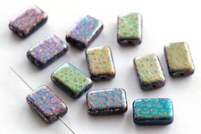 4 CZECH PRESSED GLASS RECTANGLE BEADS, FISH SCALES, METALLIC COLOURS, 12 MM