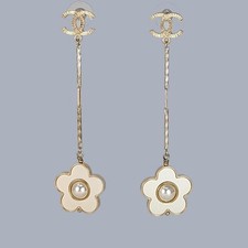 Chanel Camellia Drop Earrings Rotating Pearl 3.5" Dangle for Pierced Ears Boxed