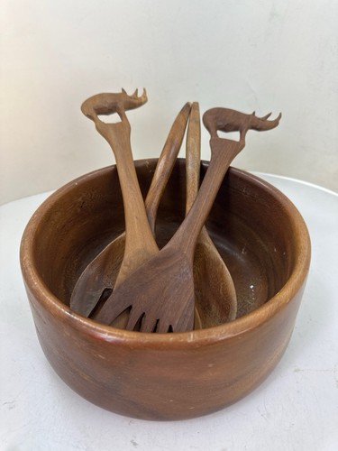 Carved wooden salad bowl set - wooden,