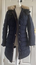 Women's L Zara Down Long Coat Faux Fur Navy Blue Puffer Quilted Winter Hooded