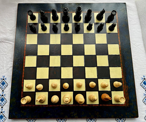 Vintage wooden chess set board - vintage,