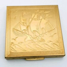 Zenette Powder Compact Mirror With Galleon Ship To Top Vintage Vanity