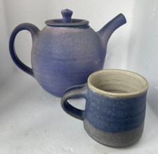 david brown studio pottery pinky purple teapot & dinky blue cup merriot somerset