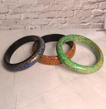 Bundle of 3 Bangles Green, Blue & Brown Patterns 1 Wood 2 Resin VGC