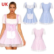 UK Womens Halloween Cosplay Costume Ruffle Apron Puff Sleeve Plaid Maid  Dress