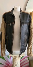 Vtg Mission Racer Moto Biker Jacket Black Leather Beige Sleeves Zip Mens Medium 