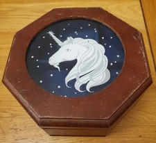 Vintage wooden octagonal jewellery box blue interior Glass inset Lid Unicorn Des