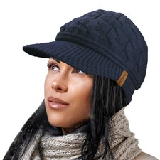 Ladies Peaked Cable Knit Warm R80 Teddy Fleece Lined Beanie Winter Hat Cap