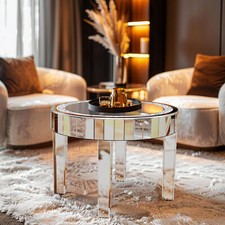 Glam Mirrored Round Coffee Table Silver Side Table Sparkly Crystal Diamond decor