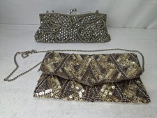 WALLIS Beaded Evening Sequin Clutch Purse Silver Shoulder Metal Frame P1035
