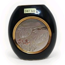 The Art of Chokin Black Vase 24k Gold Edged with Swans and Iris Flowers Vintage