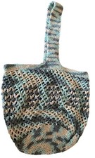 HAND CROCHETED MULTICOLOURED TOTE BAG,GREEN,CREAM MIX