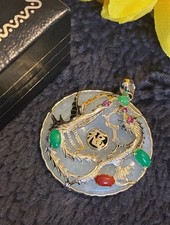14k 585 Stamped Gold Jade Dragon Pendent Charm Excellent Detail Rubies