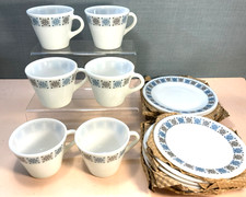 Vintage Pyrex Chelsea 6 Opal Tea Cup Saucer Cake Set Never Used White Blue Grey