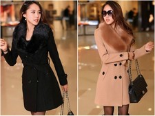 Women's Winter Coat Long Wool Jacket Fur Collar Slim Outwear Ladies Trench coat