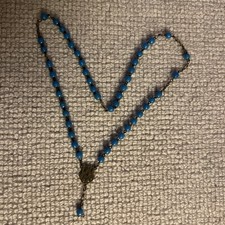Vintage Blue Glass Rosary Bead Necklace Catholic Faith