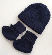 Ralph Lauren Cruise Navy Cotton Cable Knit Hat & Bootees Age  0-3M Bnwt