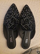 Zara Navy Velvet constellation Pattern In Sliver Gold Slip On Shoes Sz 6 