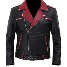 Men's Red Black Vampire Biker Jacket Real Lambskin Leather Halloween Cosplay UK